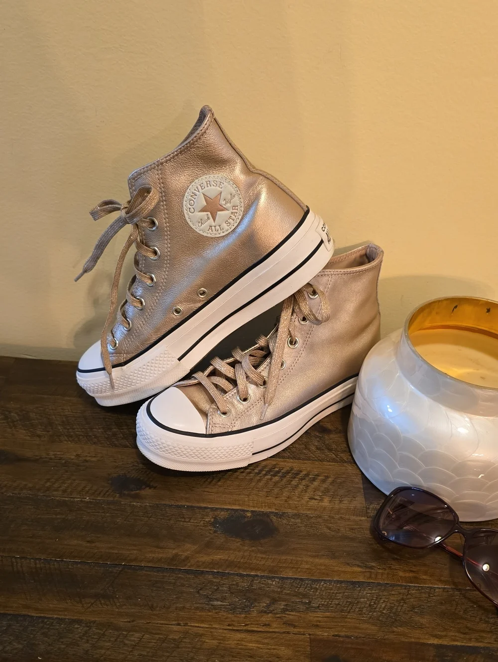 Women Converse Leather High Top Platform Sneakers in Metallic Rose - Picture 3 of 10